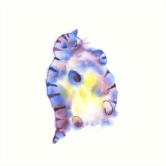 550x550 Funny Fat Cat Watercolor Illustration. Sleeping Cute Cat. Happy