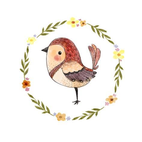 473x473 Cute Watercolor Bird With Floral Wreath. Funny Kids Illustration