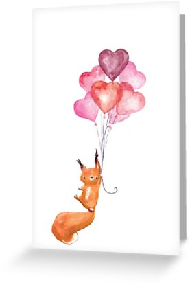 277x415 Cute Watercolor Squirrel Flying With Heart Balloons Greeting