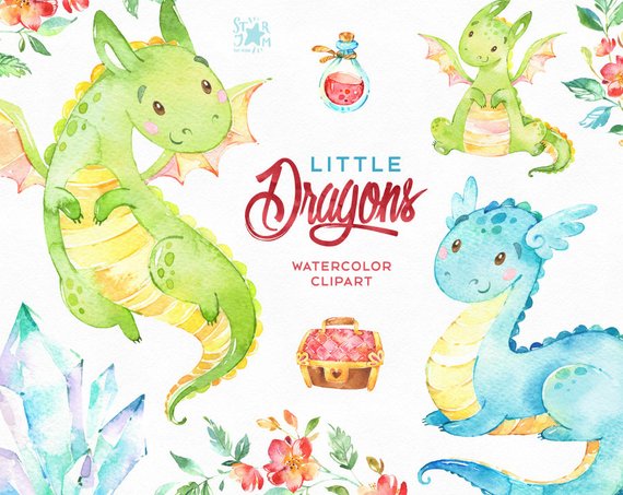 570x453 Little Dragons. Watercolor Magical Clip Art Characters Cute Etsy