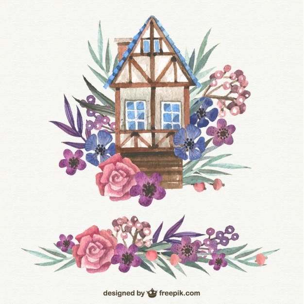 626x626 Watercolor Cute House With Flowers Vector Free Download