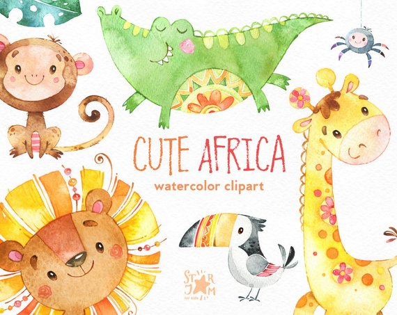 570x453 Cute Africa. Watercolor Animals Clipart Lion Giraffe Etsy