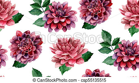 450x270 Dahlia Watercolor Flowers Background. Floral Seamless Pattern.