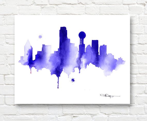 570x470 Dallas Skyline Abstract Watercolor Art Print Wall Decor Etsy