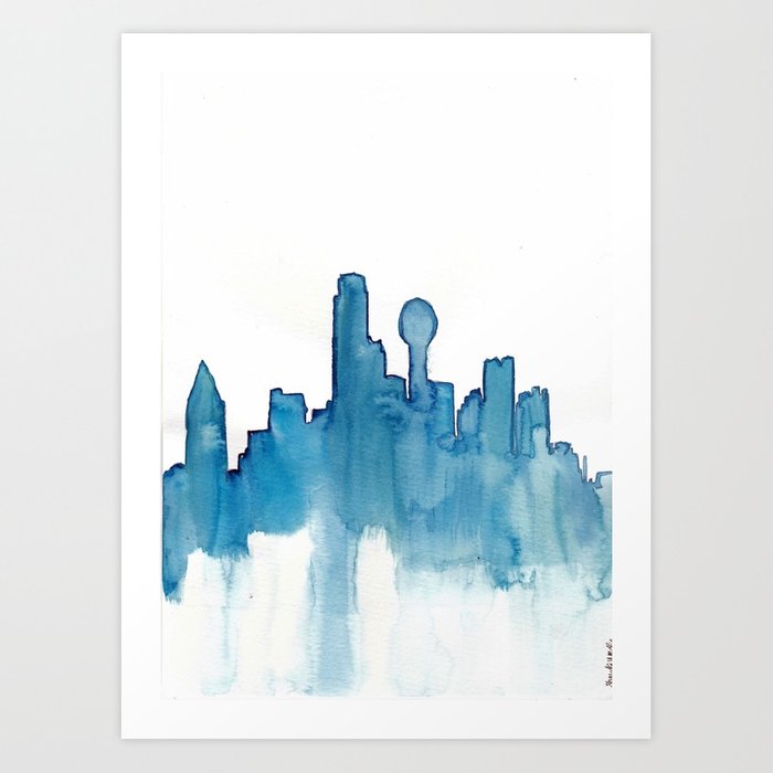 700x700 Dallas Skyline Blue Watercolor Art Print By Shaydakw Society6
