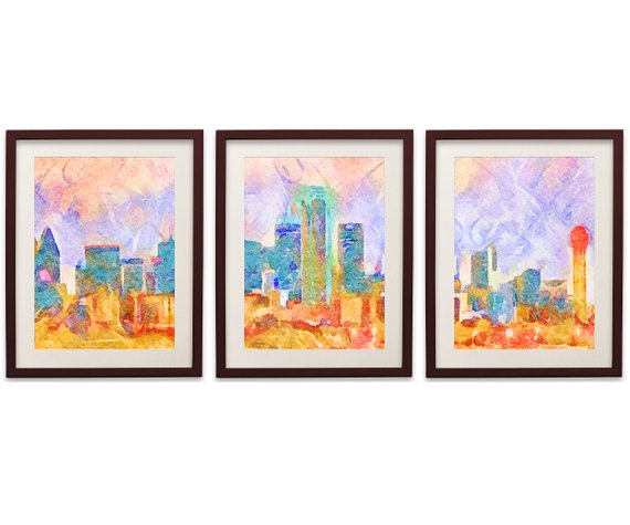 570x475 Dallas Skyline Watercolor Poster Set Of 3 Dallas Cityscape Etsy