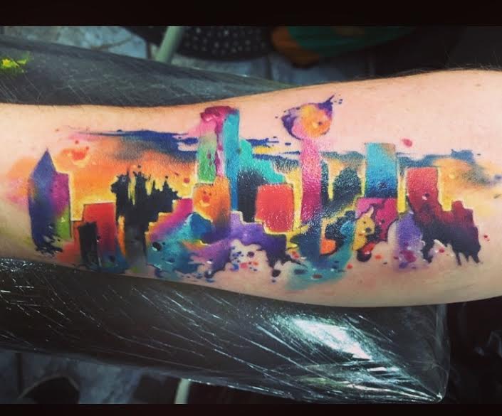 705x585 Dallas Skyline Watercolor Tattoo