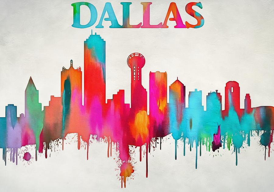 900x629 Colorful Dallas Skyline Silhouette Painting By Dan Sproul