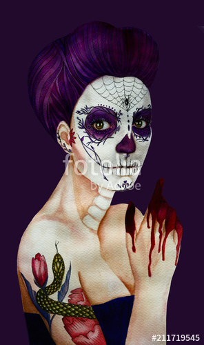 296x500 Sugar Skull Girl. Watercolorwatercolour Illustration. Day Of The