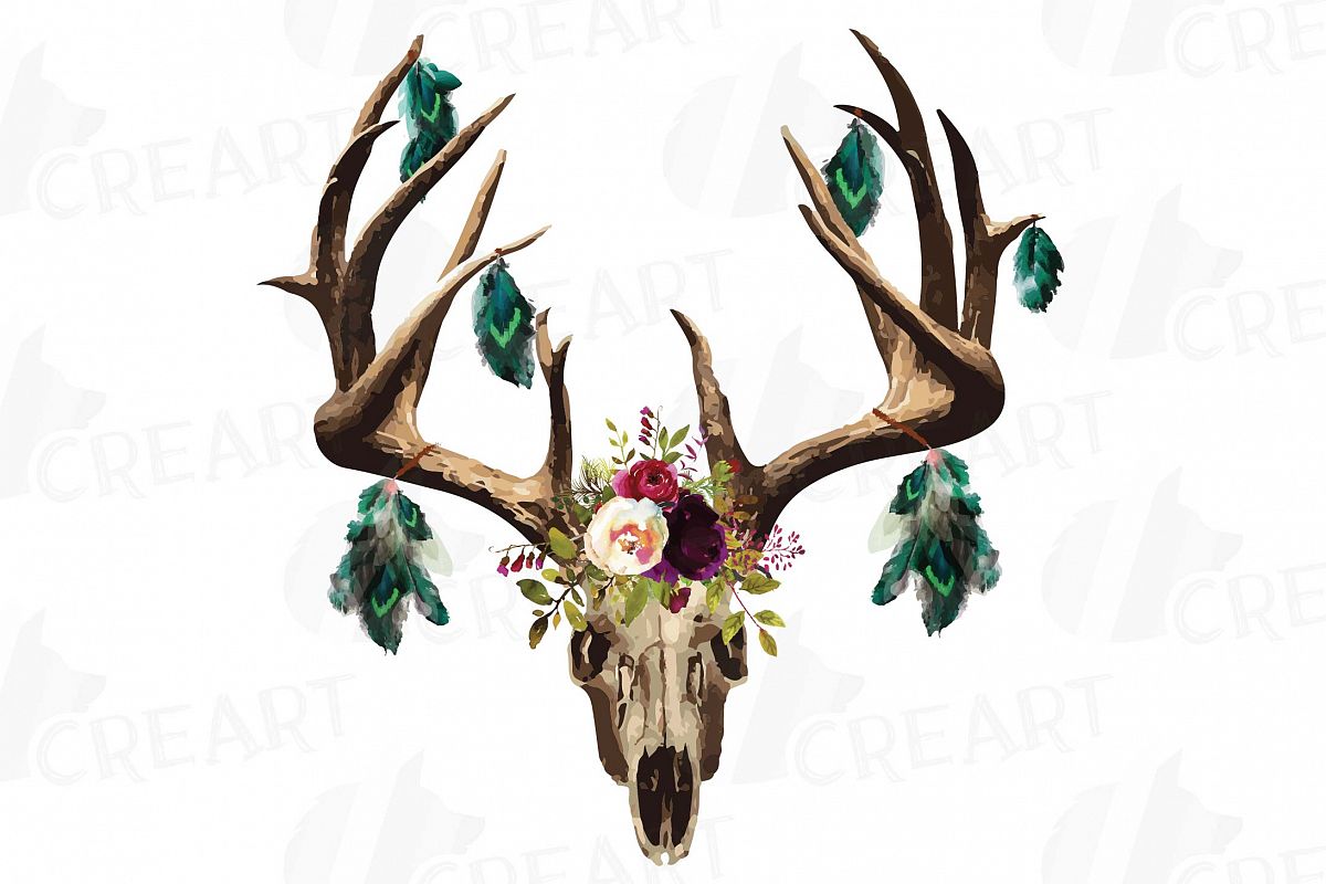 1200x800 Watercolor Floral Deer Skull With Feath Design Bundles