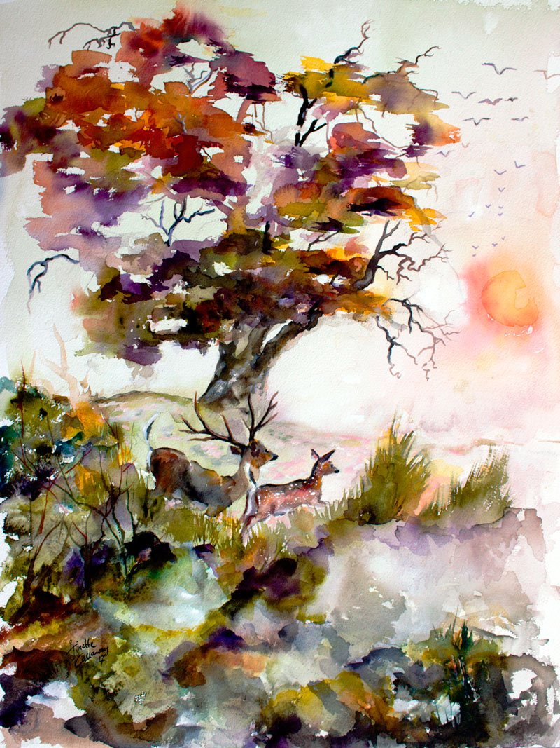 800x1067 Autumn Oak Tree Deer Watercolor Painting By Ginette