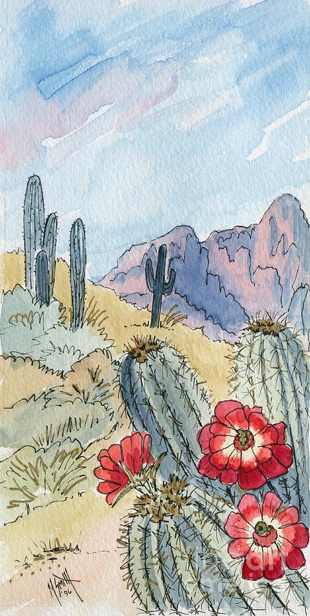 453x900 Desert Scene One Ink And Watercolor Painting By Marilyn Smith