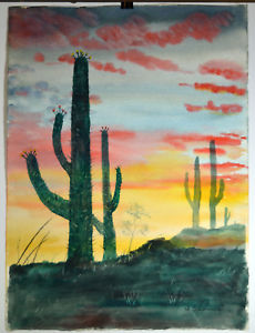 230x300 20 Vintage Watercolor Painting Desert View Cactus Summer Red Hot