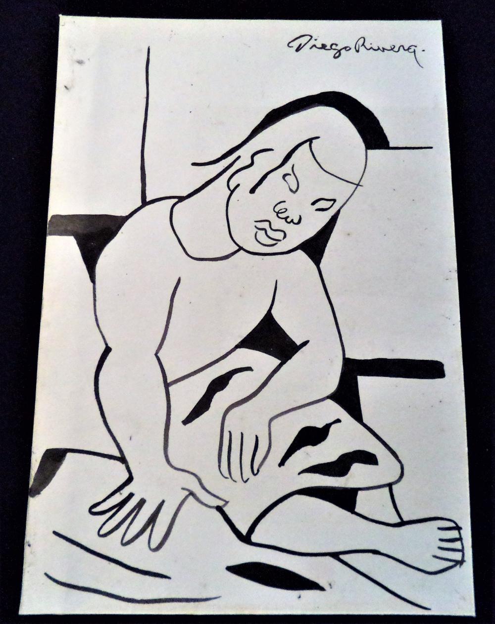 1000x1261 Signed Diego Rivera Watercolor On Cardboard