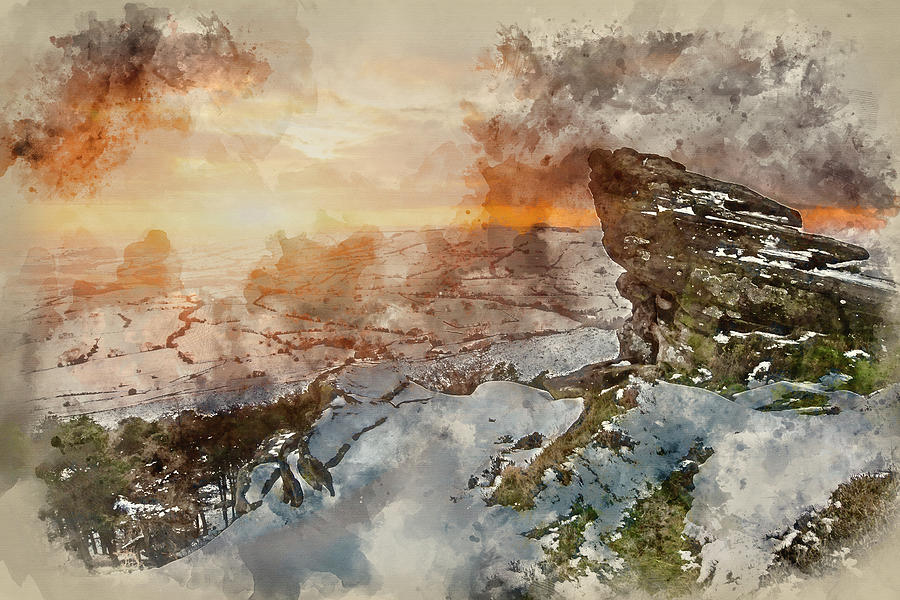900x600 Digital Watercolor Painting Of Sunset Over Snow Covered Winter