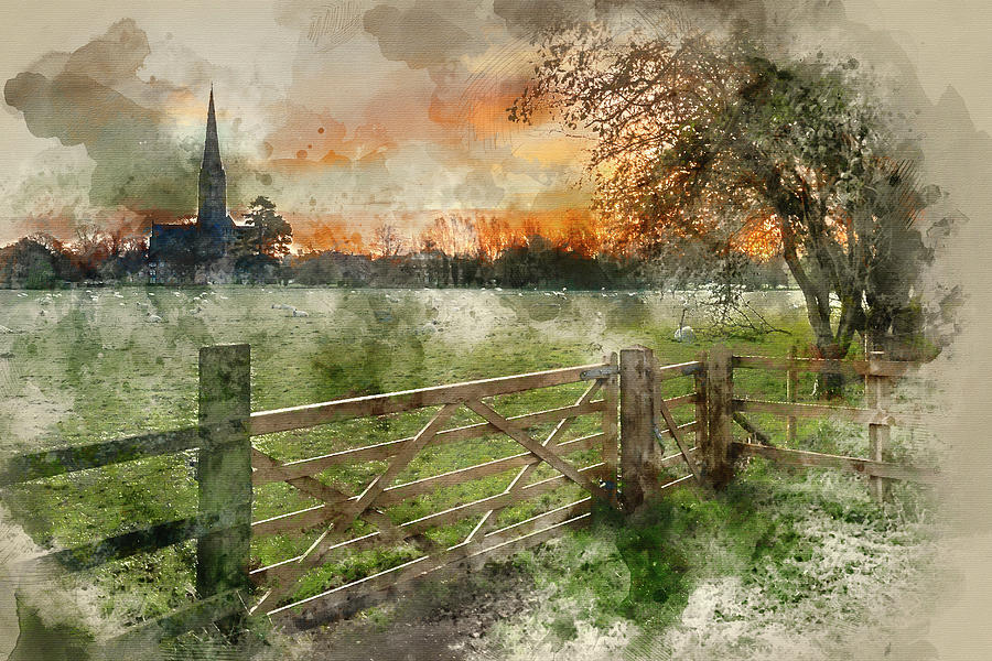 900x600 Digital Watercolor Painting Of Winter Frosty Sunrise Landscape S