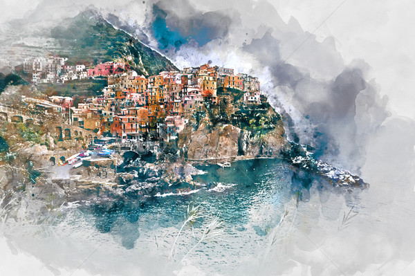 600x399 Digital Watercolor Painting Of Manarola. Italy Stock Photo