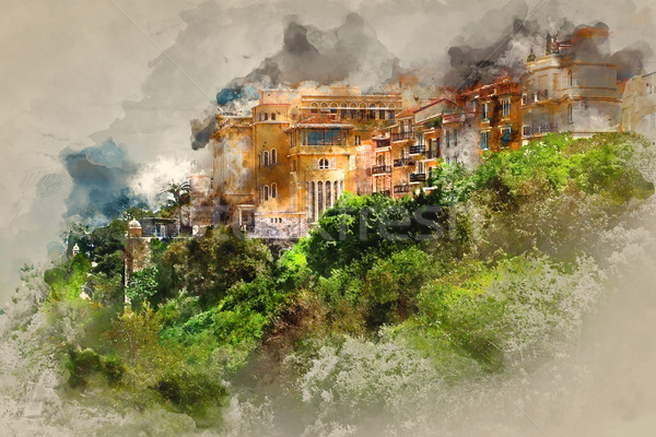 600x400 Principality Of Monaco. Digital Watercolor Painting. Stock Photo