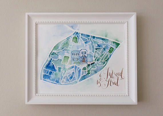 570x407 Personalized Housewarming Gift. Featuring Watercolor Map, Ink