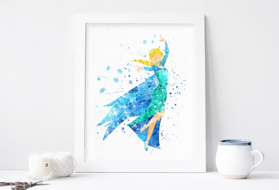 942x640 Elsa Print, Frozen Disney Watercolor Nursery Wall Decor, Disney