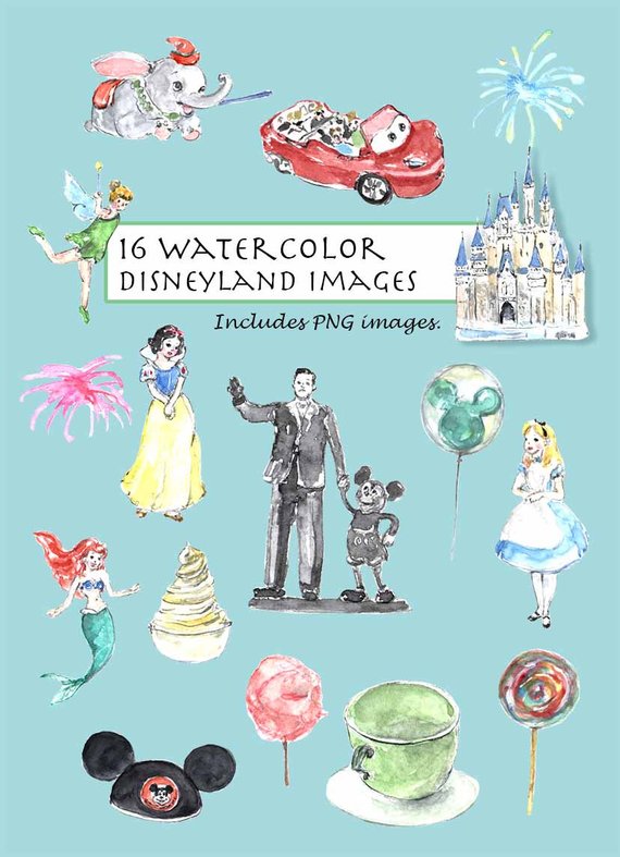 570x787 Clip Art Watercolor Disneyland Set. 16 Images . Digital Etsy