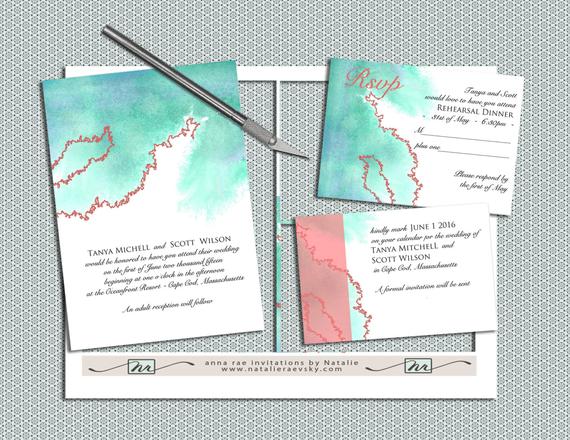 570x440 Diy Watercolor And Coral Printable Wedding Invitation Suite Etsy