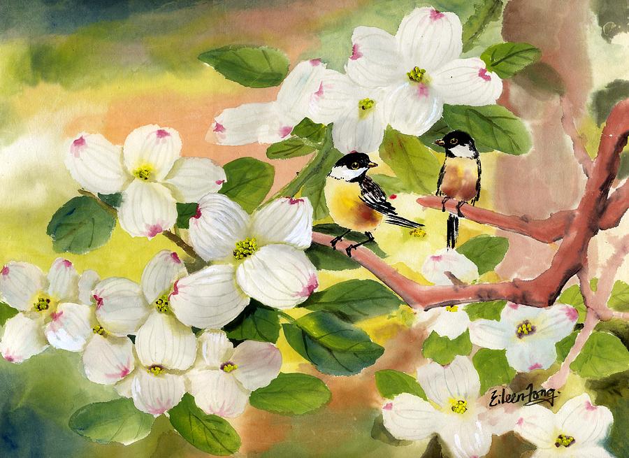900x655 Chickadees In The Dogwood Tree Painting By Eileen Fong