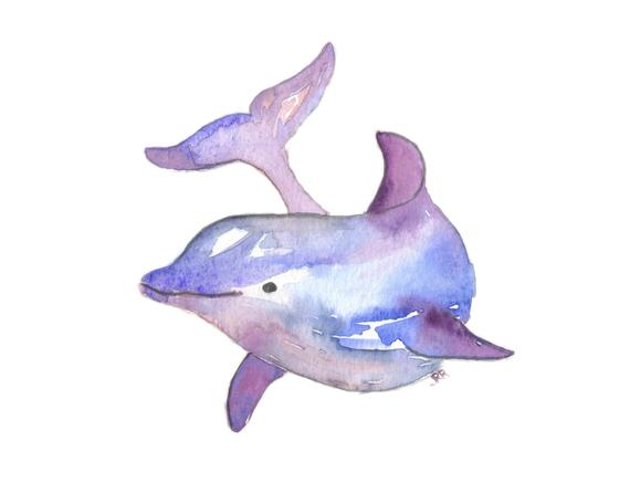 570x456 Dolphin Watercolor Art Print Ocean Animal Purple Blue Modern Etsy