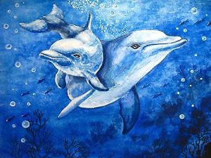 300x225 Original Watercolor Painting Dolphin Fish Fishing Ocean Art 5x7