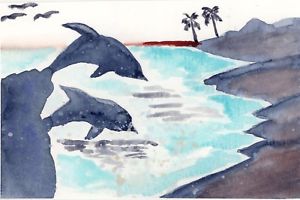 300x200 Original Watercolor Painting Happy Dolphin Handpainted Watercolor