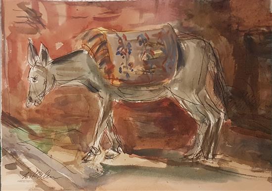 550x386 Leo Kahn 1894 1983 (Israeli) Donkey Watercolor On Paper
