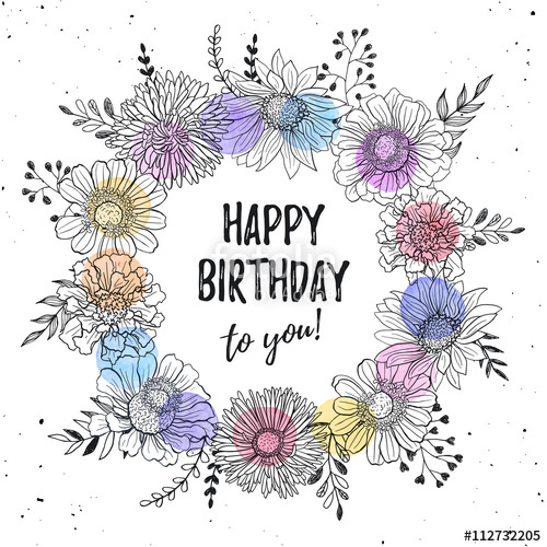 500x500 Birthday Greeting Card With Flowers Hand Drawn Black On White