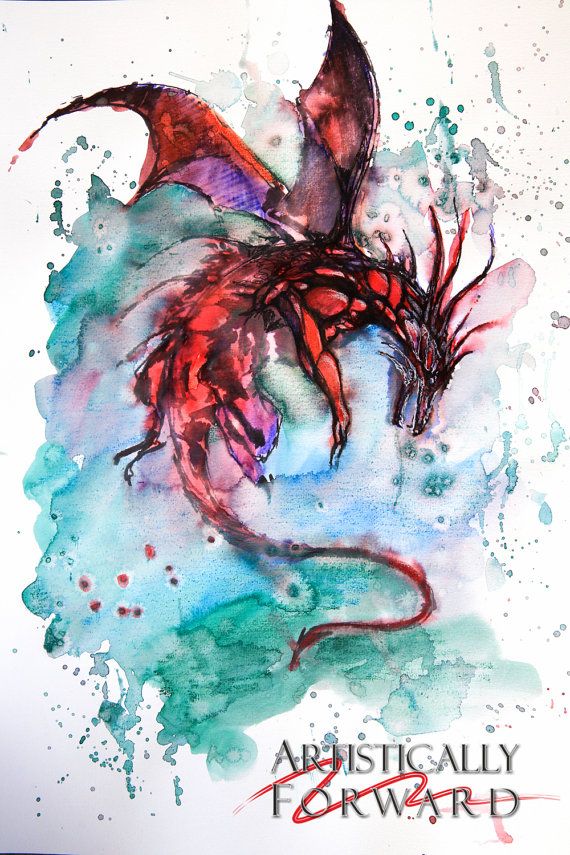 570x855 Flying Red Dragon Watercolor Painting Print By Artisticallyforward