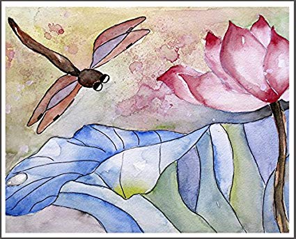 425x343 Pink Lotus Dragonfly Watercolor Painting Print Flower