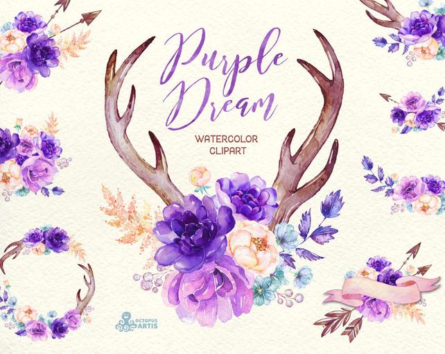 642x510 Purple Dream. Watercolor Floral Clipart Peony Arrows Etsy