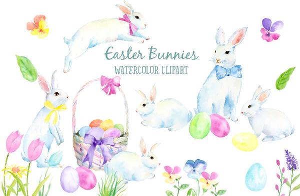 600x393 Watercolor Clipart Easter Bunnies, White Rabbits, Easter Eggs