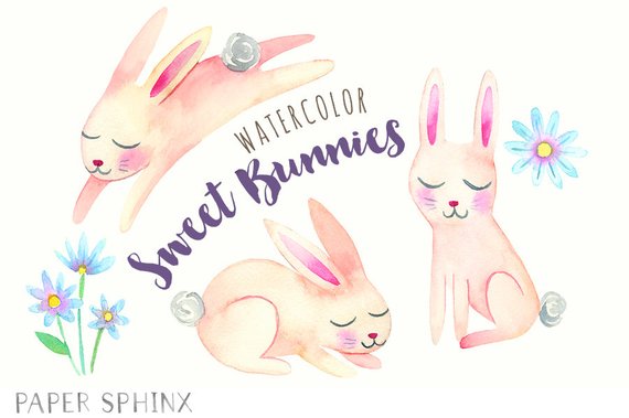 570x379 Watercolor Rabbits Clipart Printable Easter Bunnies Clip Art Etsy