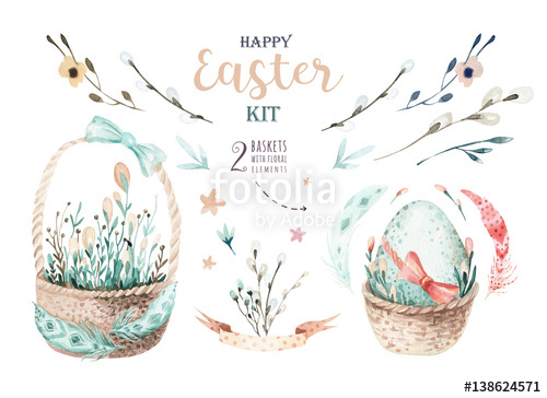 500x364 Hand Drawing Easter Watercolor Basket With Leaves, Branches And