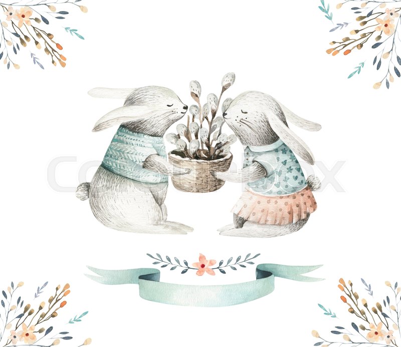 800x693 Hand Drawing Easter Watercolor Cartoon Bunnies With Leaves