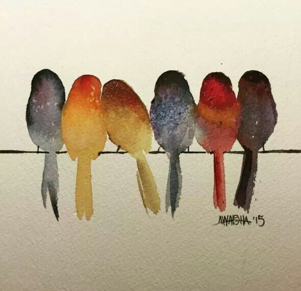 590x571 Watercolor Birds On A Line Water Color