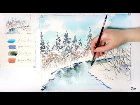 480x360 Spring Landscape. Easy Step By Step Watercolor Tutorial.