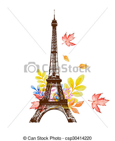 382x470 Watercolor Leaves And Eiffel Tower. Autumn Background With