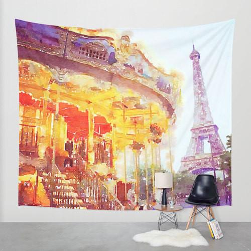 500x500 Paris Carousel By Eiffel Tower. Original Watercolor Painting Wall