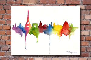 300x199 Paris Skyline Art Print Watercolor Painting Eiffel Tower City Wall