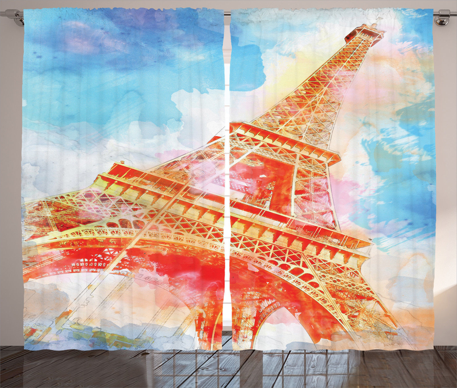 1600x1358 Eiffel Tower Decor Curtains 2 Panels Set, Watercolor Painted