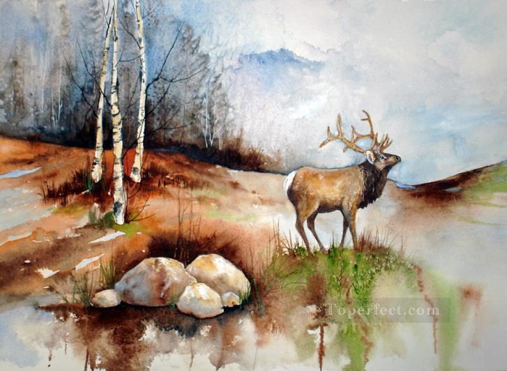 727x532 Elk Watercolor Painting In Oil For Sale