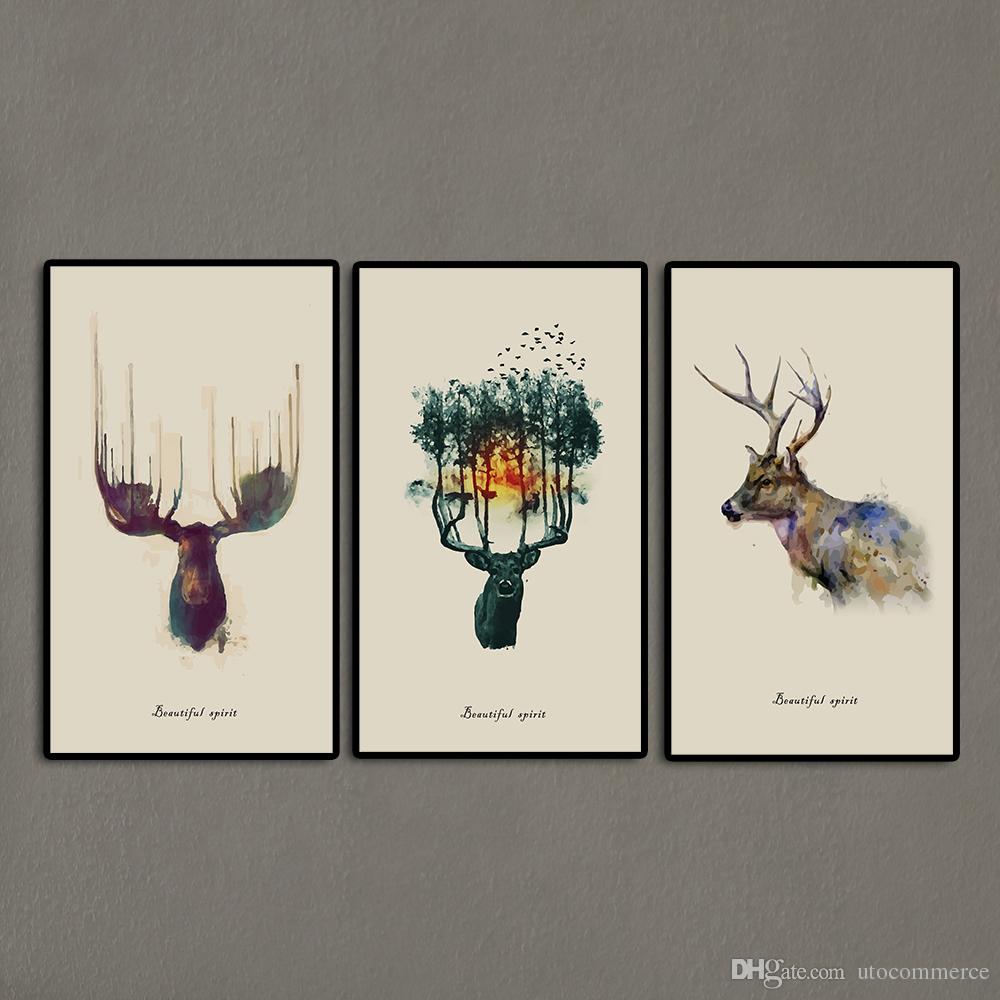 1000x1000 Online Cheap 3 Panels Triptych Watercolor Animal Beautiful Deer