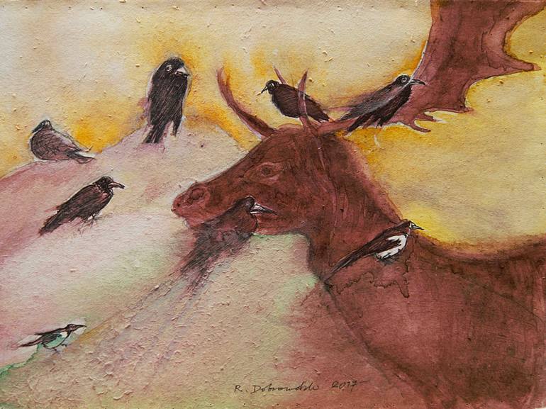 770x577 Saatchi Art Elk And 8 Birds. Painting By Remigiusz Dobrowolski
