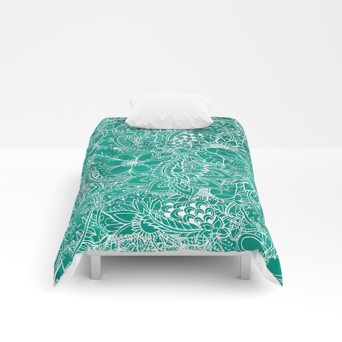 700x700 Modern Hand Drawn Floral Lace Emerald Green Watercolor Comforters