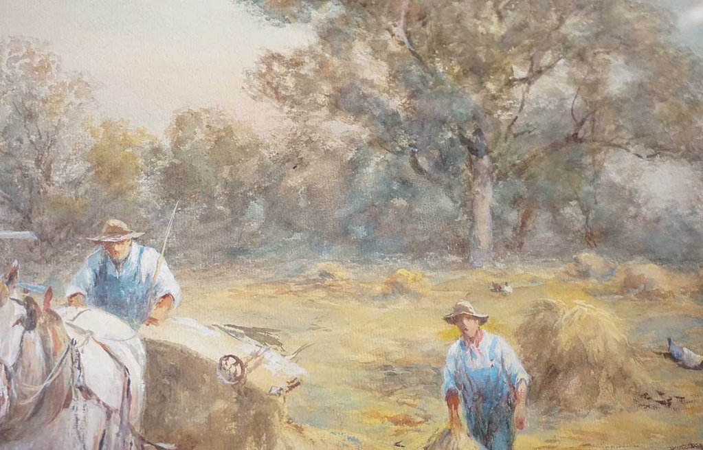 1023x655 Frank F. English Watercolor Painting, Harvesting Wheat Fields